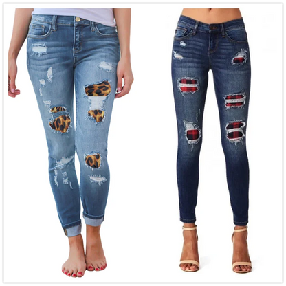 Stretch Denim Hipster Style Women’s Ripped Leopard Skinny Jeans