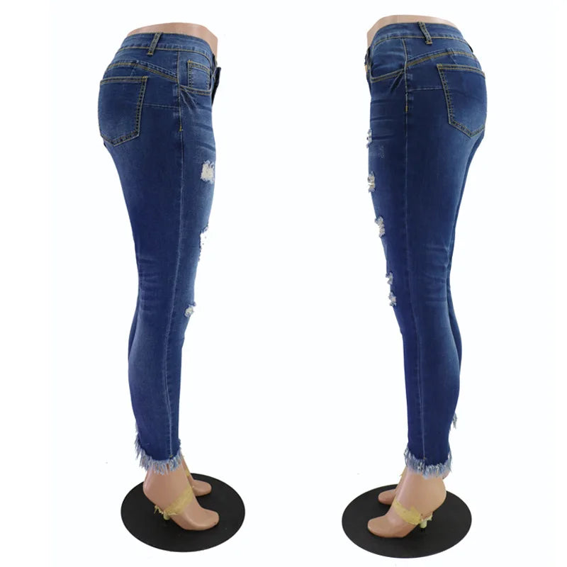 Blue Denim with Tassel & Ripped Detail Women's Summer Skinny Jeans