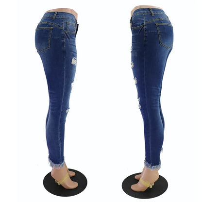 Blue Denim with Tassel & Ripped Detail Women's Summer Skinny Jeans