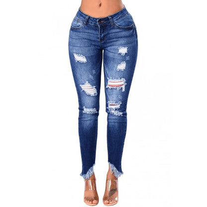 Blue Denim with Tassel & Ripped Detail Women's Summer Skinny Jeans