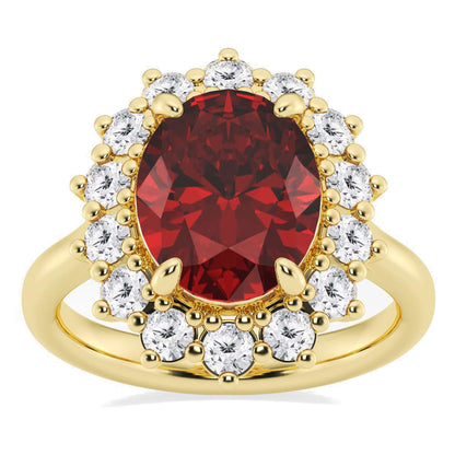 AGI Certified 3CTW Oval Lab Ruby Princess Diana Engagement Ring With Lab Diamond Halo in Choice of 14K White or Yellow Gold – 9x7mm