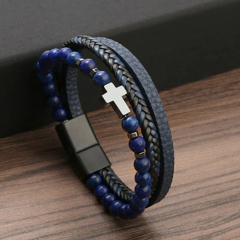 Men's Vintage Multi-Layer Leather Cross & Tiger Eye Bracelet