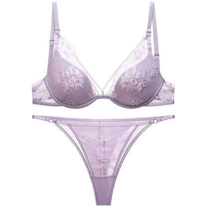 Elegant French Satin Lace Bra & Thong Lingerie Set for Women