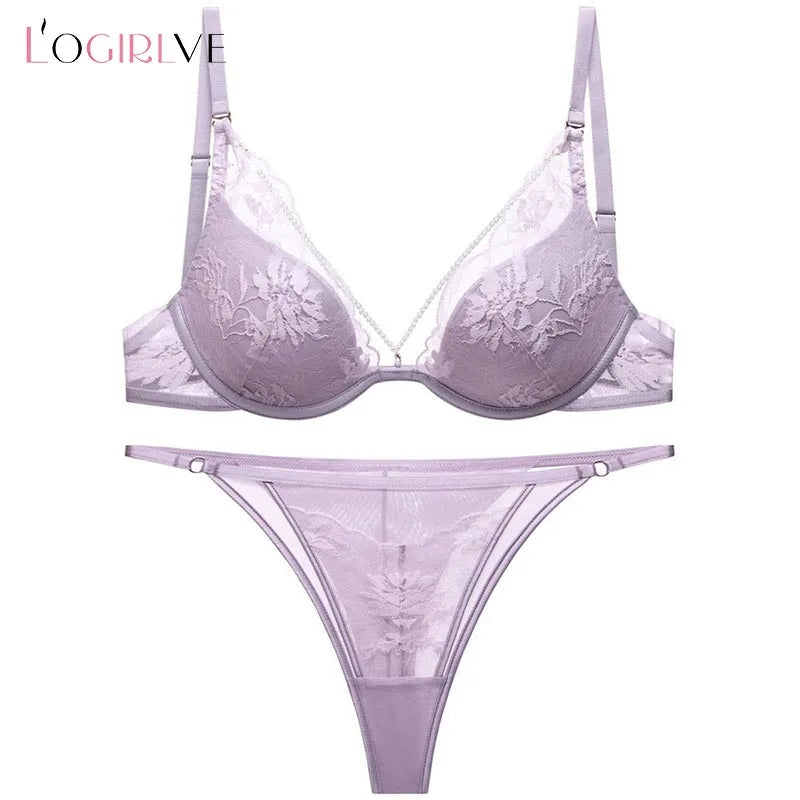 Elegant French Satin Lace Bra & Thong Lingerie Set for Women