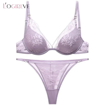 Elegant French Satin Lace Bra & Thong Lingerie Set for Women