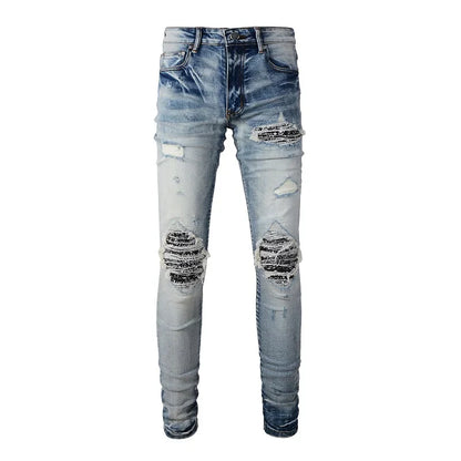 Men's Paisley Patchwork Ripped Skinny Stretch Streetwear Jeans