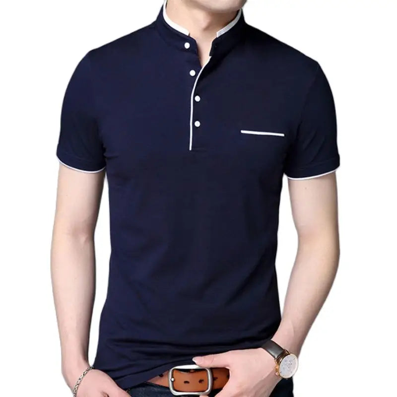 Short Sleeve Solid Stand Collar Men’s Slim Fit Cotton Polo Shirt