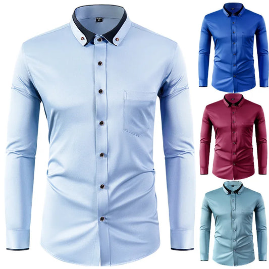 Men’s Slim Fit Elastic Shirt with Contrast Collar & Diamond Buckle