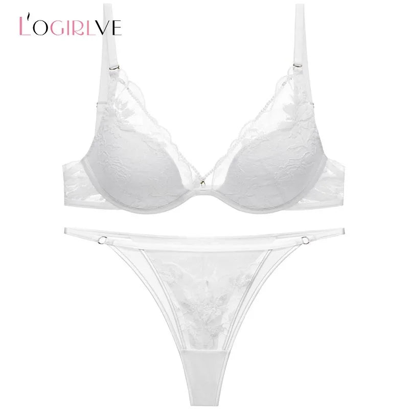 Elegant French Satin Lace Bra & Thong Lingerie Set for Women