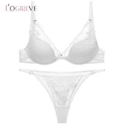 Elegant French Satin Lace Bra & Thong Lingerie Set for Women