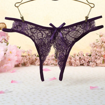 Midnight Lace Bow Open-Back Thong for Women