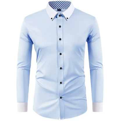 Men’s Slim Fit Elastic Shirt with Contrast Collar & Diamond Buckle