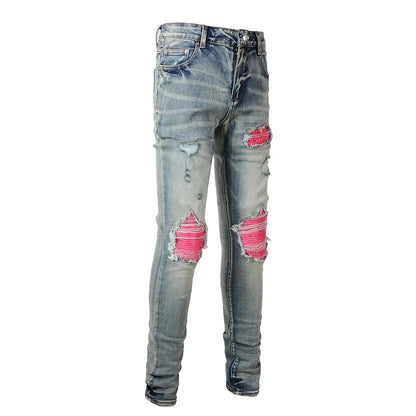 Skinny Streetwear Denim Men's Distressed Patchwork Biker Jeans