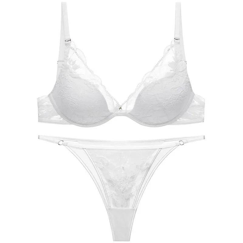 Elegant French Satin Lace Bra & Thong Lingerie Set for Women