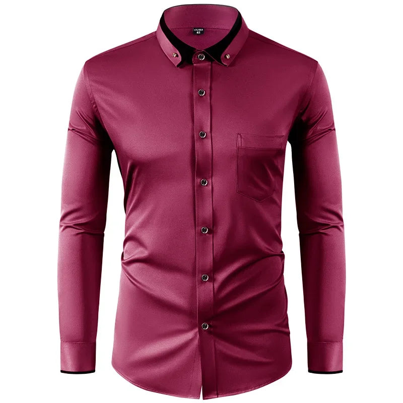 Men’s Slim Fit Elastic Shirt with Contrast Collar & Diamond Buckle