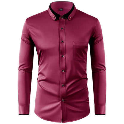 Men’s Slim Fit Elastic Shirt with Contrast Collar & Diamond Buckle