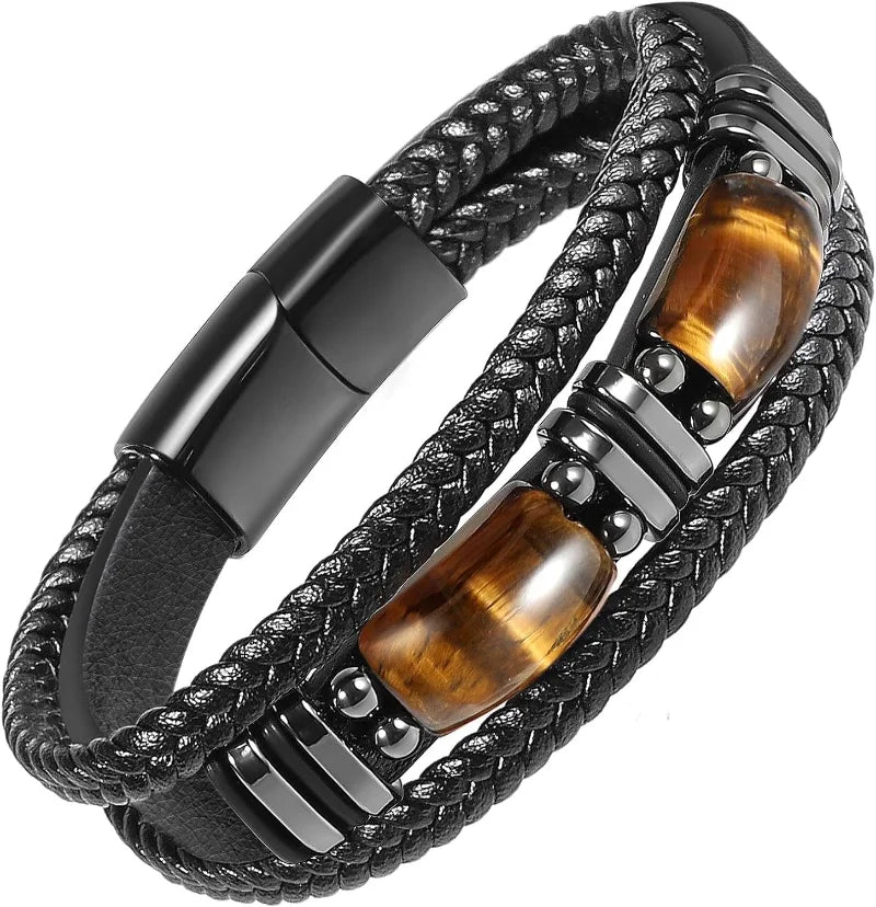 Black braided leather bracelet with brown beaded accents 