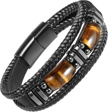 Black braided leather bracelet with brown beaded accents 