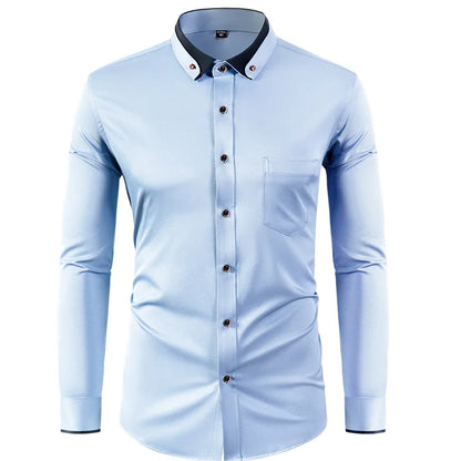 Men’s Slim Fit Elastic Shirt with Contrast Collar & Diamond Buckle