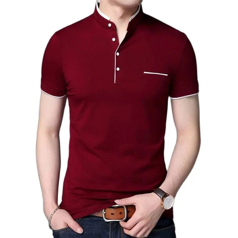 Short Sleeve Solid Stand Collar Men’s Slim Fit Cotton Polo Shirt