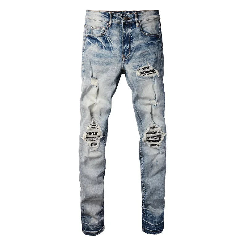 Men's Paisley Patchwork Ripped Skinny Stretch Streetwear Jeans