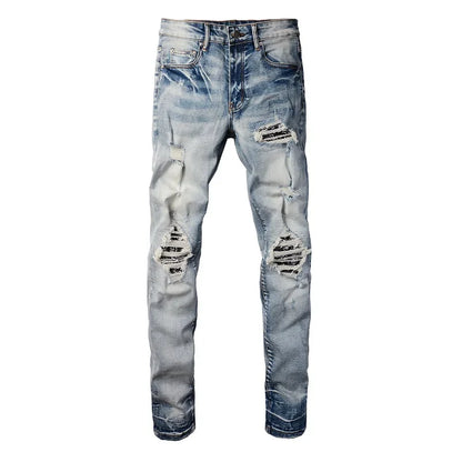 Men's Paisley Patchwork Ripped Skinny Stretch Streetwear Jeans