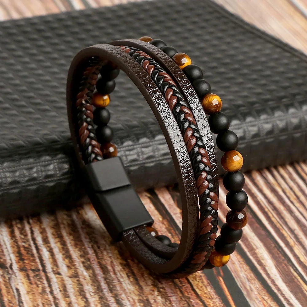Men's Vintage Multi-Layer Leather Cross & Tiger Eye Bracelet