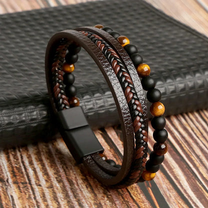 Men's Vintage Multi-Layer Leather Cross & Tiger Eye Bracelet