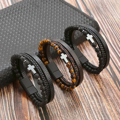 Men's Vintage Multi-Layer Leather Cross & Tiger Eye Bracelet
