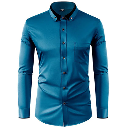 Men’s Slim Fit Elastic Shirt with Contrast Collar & Diamond Buckle
