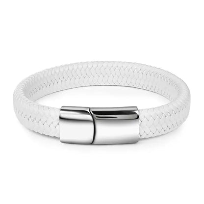 Men's White Braided Leather Bracelet with Stainless Steel Clasp