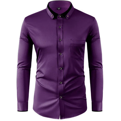 Men’s Slim Fit Elastic Shirt with Contrast Collar & Diamond Buckle
