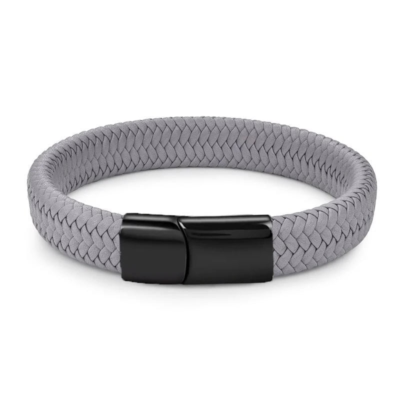 Men's White Braided Leather Bracelet with Stainless Steel Clasp