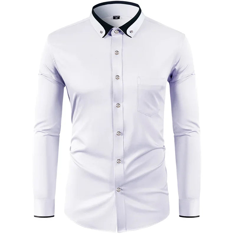 Men’s Slim Fit Elastic Shirt with Contrast Collar & Diamond Buckle