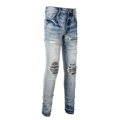 Men's Paisley Patchwork Ripped Skinny Stretch Streetwear Jeans