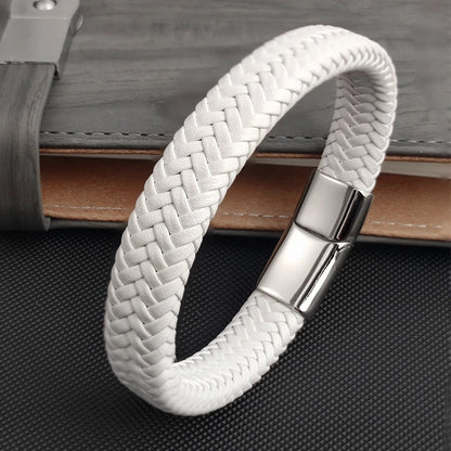 Men's White Braided Leather Bracelet with Stainless Steel Clasp