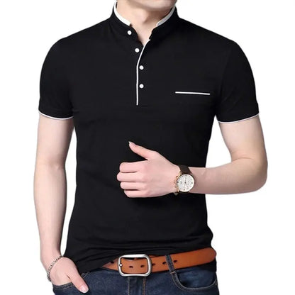 Short Sleeve Solid Stand Collar Men’s Slim Fit Cotton Polo Shirt