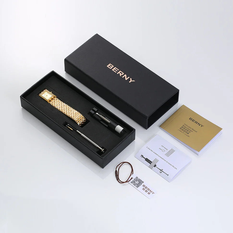Luxury Stainless Steel BERNY Women’s Gold Square Quartz Watch