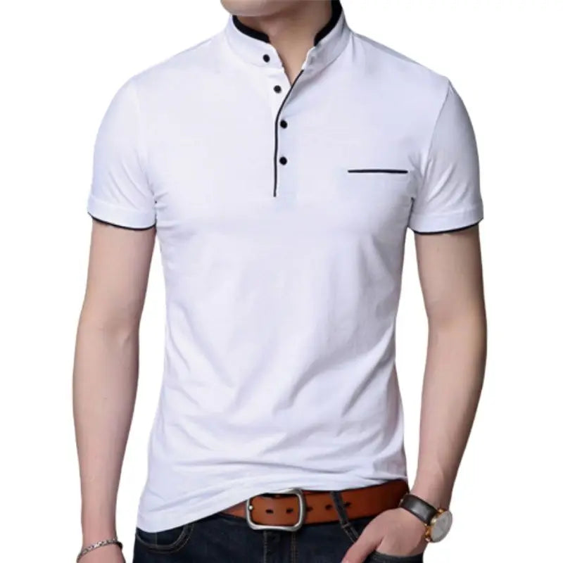 Short Sleeve Solid Stand Collar Men’s Slim Fit Cotton Polo Shirt