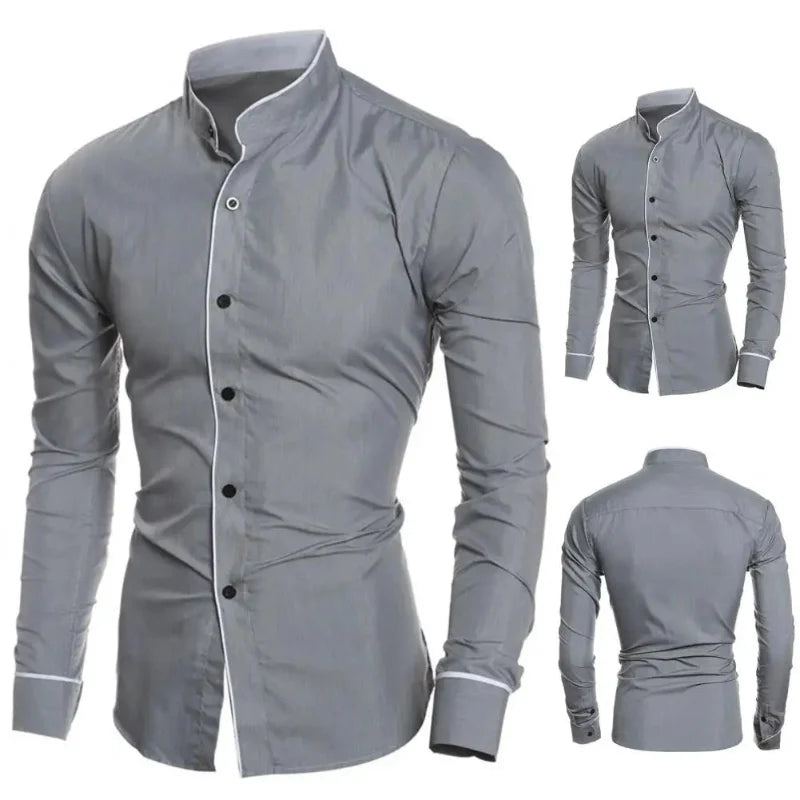 Gray button-up shirt with long sleeves shown from multiple angles on a white background