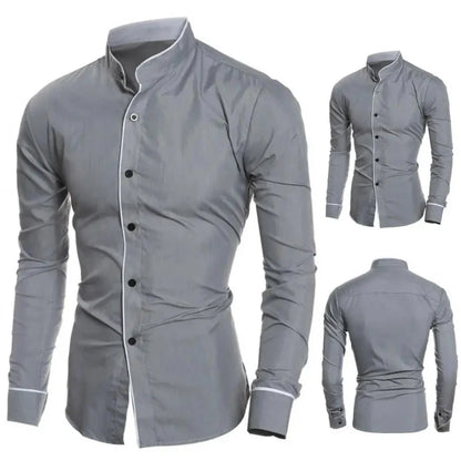 Gray button-up shirt with long sleeves shown from multiple angles on a white background