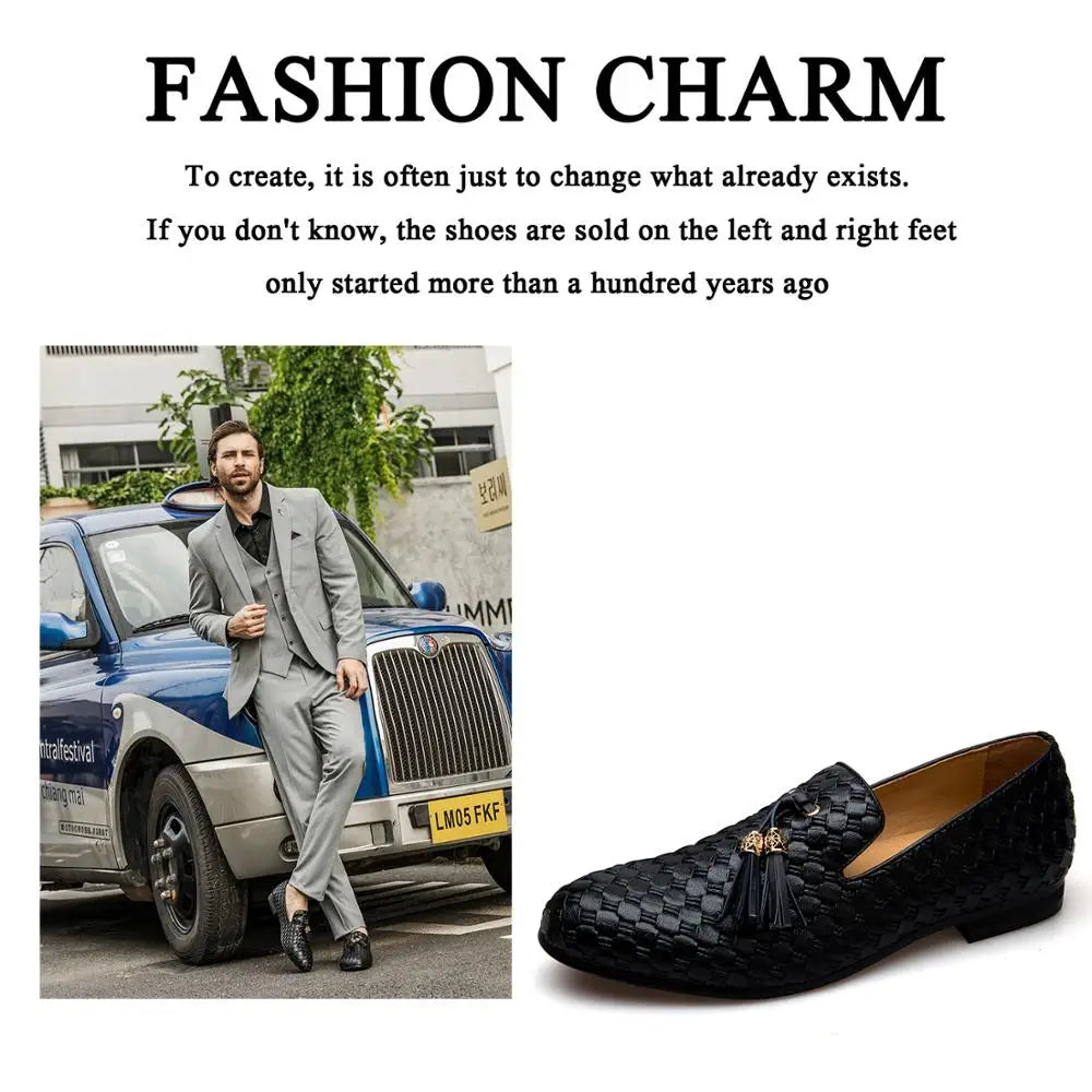Men's Woven Leather Casual Tassel Loafers