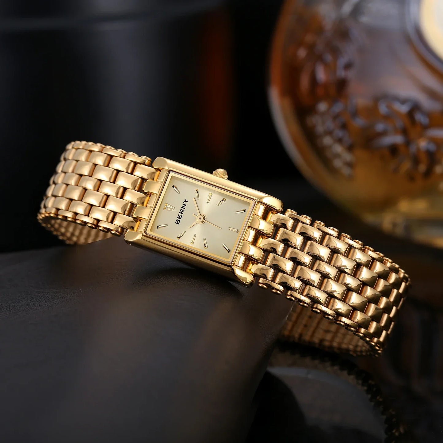 Luxury Stainless Steel BERNY Women’s Gold Square Quartz Watch