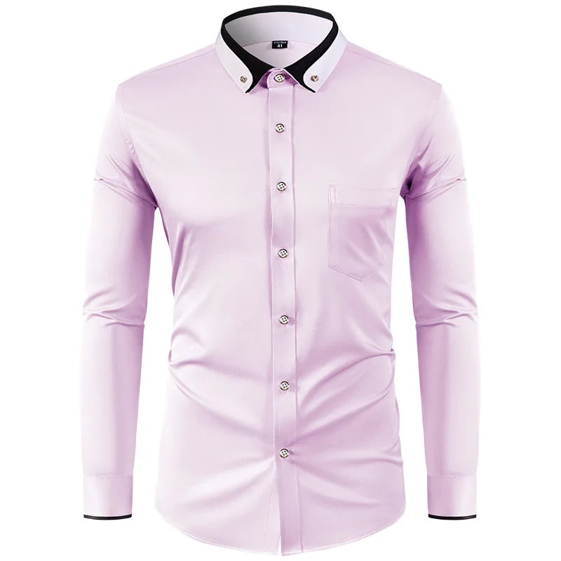 Men’s Slim Fit Elastic Shirt with Contrast Collar & Diamond Buckle