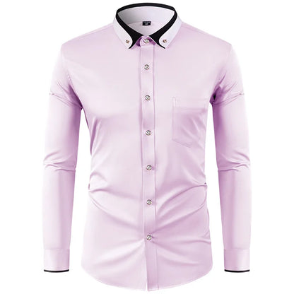 Men’s Slim Fit Elastic Shirt with Contrast Collar & Diamond Buckle