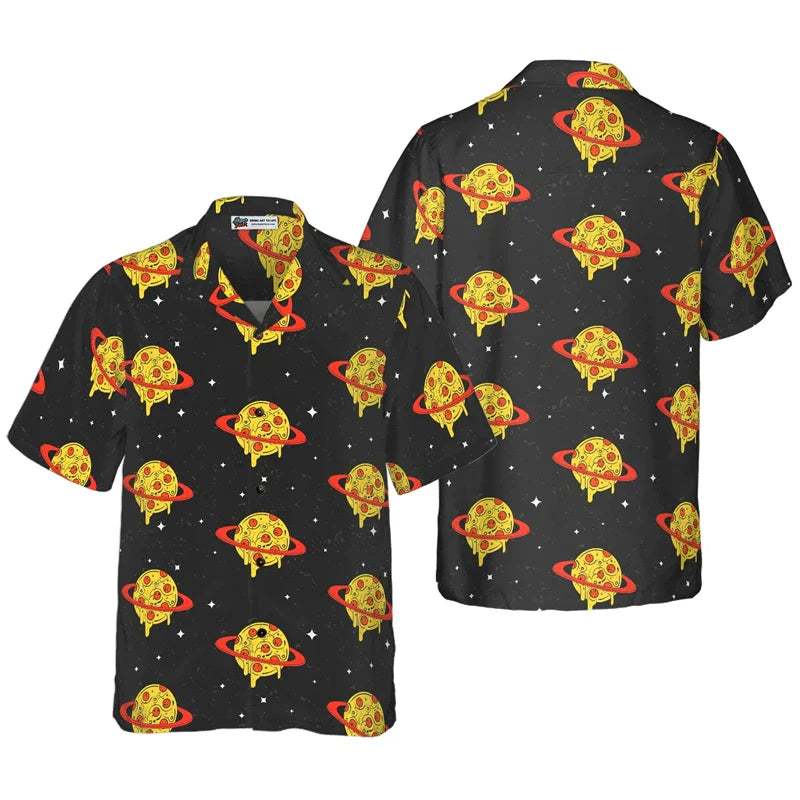 3D Pizza Print Hawaiian Unisex Beach Party Short Sleeve Shirt