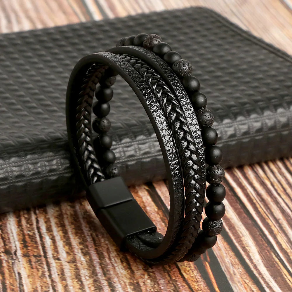 Men's Vintage Multi-Layer Leather Cross & Tiger Eye Bracelet