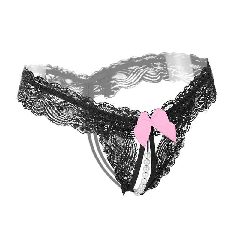 Women's Sheer Lace Pearl Thong – Elegant Triangle Lingerie