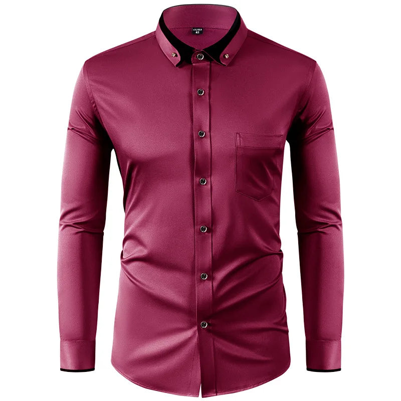 Men’s Slim Fit Elastic Shirt with Contrast Collar & Diamond Buckle