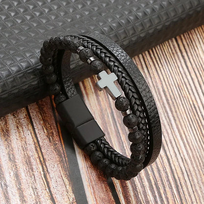 Men's Vintage Multi-Layer Leather Cross & Tiger Eye Bracelet